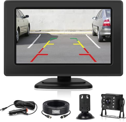 Inefala Cámara de Marcha Atrás y Kit de Monitorización con Pantalla 4,3 Pulgadas Cámara de Visión Trasera IP68 Resistente al Agua visión Nocturna Sistema de Asistencia de Estacionamiento para Coche