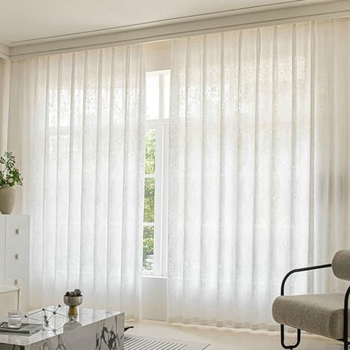 Beydodo Gardinenschals 2er Set Weiß, Vorhänge Halbtransparent mit Schlaufen mit Filigran Motiv Französisch 107x214CM Lichtdurchlässige Gardinen Schiebevorhänge für Wohnzimmer Schlafzimmer Küche