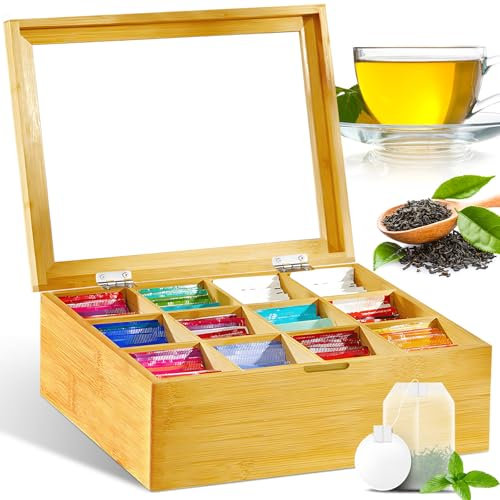 ZQEJEFD Scatola da Tè in Legno Con 12 Scomparti e Finestra a Vista, Contenitore per Bustine Con Scomparti Regolabili