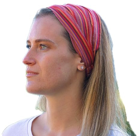 Buntes gestreiftes elastisches Haarband aus Baumwolle, für Yoga, Meditation, Hippie und Boho-Stil, handgefertigtes Bandana aus Nepal (Rot mit Violett, Einheitsgröße)