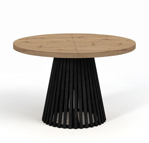 Dekori Möbel Runder Ausziehbarer Tisch für Esszimmer, Dover - Industrial/Loft Still mit Lamellenbeine, Durchmesser Varianten : von 90 bis 220 cm (Eiche Artisan/Schwarz, 110/210)