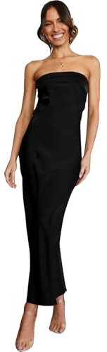 Hanaoops Women Strapless Long Dress Tube Top Satin Bodycon Dresses for Women Plain Bandeau Backless Stretchy Sleeveless Cocktail Dress Sexy Off Shoulder Party Club Dresses