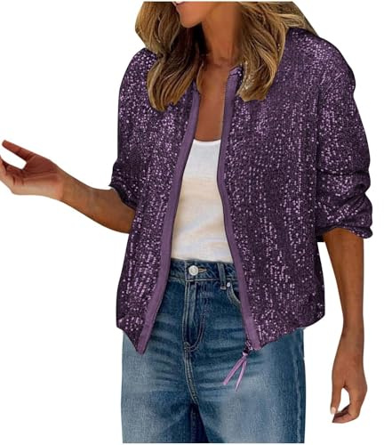 Women's Sequin Shiny Flight Bomber Jacket - Glitter Sparkly Crop Blazer - Long Sleeve Zip Up Coats Slim Fit Party Clubwear Disco Festival Outfit 2024 Fashion