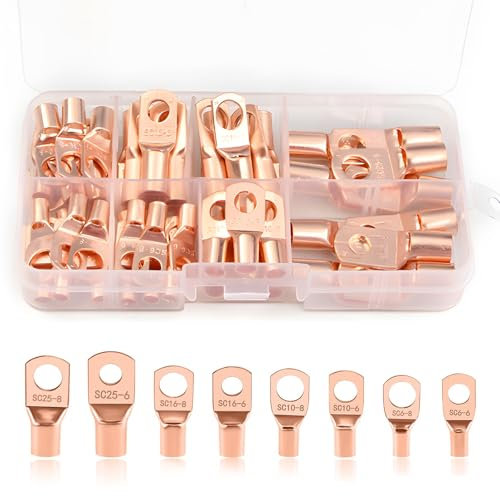 60 PCS Ring Terminals Connectors Kit, Copper Tube Terminals, Battery Cable Ends Terminals, for Electric, Auto, Golden - 8 Types SC Tubular Cable lugs