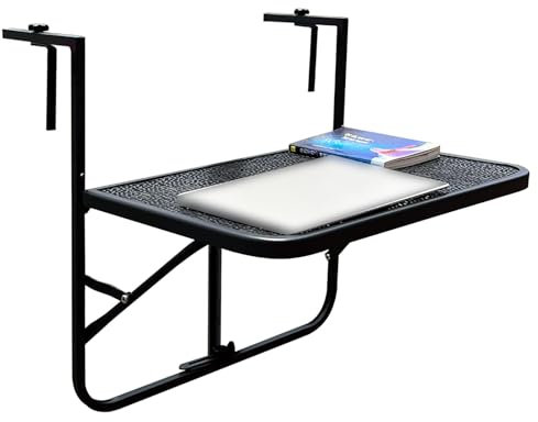 PQXQZ Klappbarer Balkon Hängetisch Balkonhängetisch mit Einstellbarer HöHe Balkongeländer Tisch aus Metall für Veranda Garten Balkon(Black)