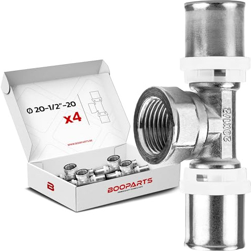 BOOPARTS – 4 Stück Pressfitting T-Stück Ø20 mm x 1/2 Innengewinde x Ø20 mm | TH Kontur T-Verbinder für Mehrschichtverbundrohr