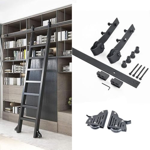 TWHZSAI Hardware-Kit für rollende und verschiebbare Bibliotheksleitern (ohne Leiter), Hardware-Kit für Gleitschienen aus rustikalem schwarzem Stahl und Bodenrolle mit Bremse für Bücherregalleitern /