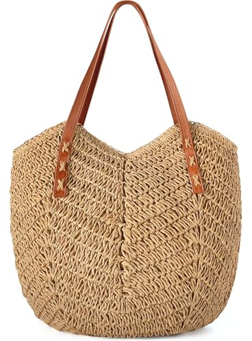 Loiyadn Straw Bag - Large Beach Bags for Women with Zipper, Soft Woven beach bag, Casual Straw Shoulder Bag for Beach, Travel & Daily Use