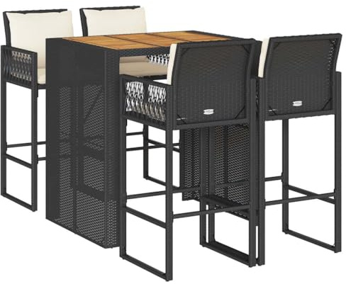 vidaXL 5-TLG. Gartenbar-Set mit Kissen Schwarz Poly Rattan Akazie, Garten Bar Set, Outdoor Bar Set, Bartisch und Stühle, Gartenbar, Bar Set Terrasse