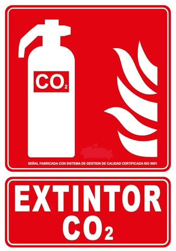 Señal de extintor CO2 en PVC, resistente al agua y a la intemperie, ideal para señalar la ubicación de extintores en emergencia.