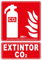 Señal de extintor CO2 en PVC, resistente al agua y a la intemperie, ideal para señalar la ubicación de extintores en emergencia.