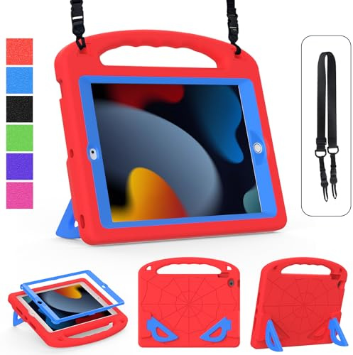 GOZOPO Custodia per bambini per iPad 9a/8a/7a generazione (iPad 10,2 pollici 2021/2020/2019), leggera e antiurto con maniglia e supporto con spallacci (rosso + blu)