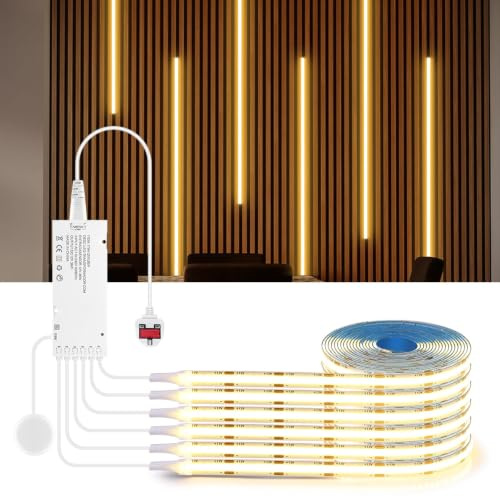 AIMENGTE COB LED Strip, Cabinet Light, 12V Warm White Acoustic Panels Cuttable LED Strip Lights with Touch and Hand Sweep Dimmer Switching for Wine Cabinets, Kitchen, Cupboards, Shelves