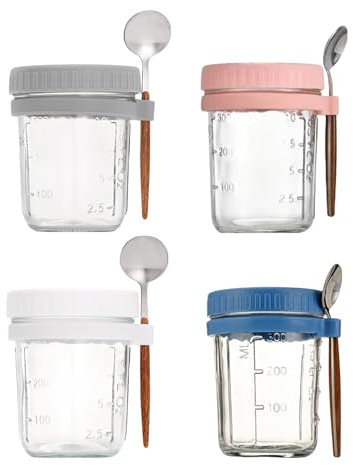 Potter de rangement de yogourt avec cuillère récipient de nourriture en verre non toxique 4pcs tasse maçon pendant la nuit Conteneurs 1 jeu