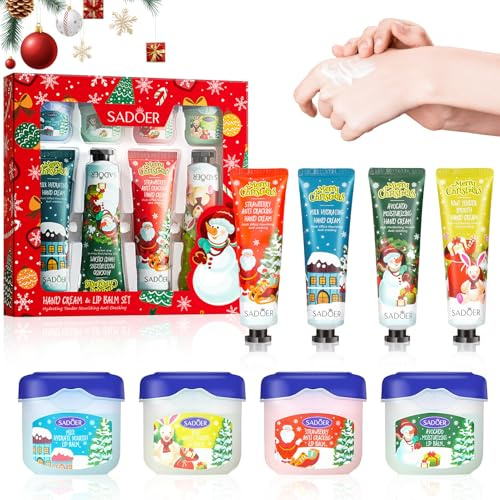 Juego de Regalo de Crema de Mano, 8 Set de Regalo para Navidad | 4 Crema de Manos Mini +4 Bálsamo Labial de Navidad, para Manos y labio Secas, Hidratante Nutritiva y Reparadora de Fragancias