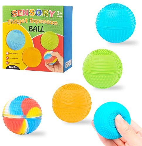 Bolas Anti-Estrés para Adultos y Niños, Pack 4 Unidades Juguetes Fidget Sensoriales con 10 Texturas, Bolitas de Silicone Sin Imanes para Autismo TDAH y Alivio de Ansiedad, Juguetes Sensoriales Autismo