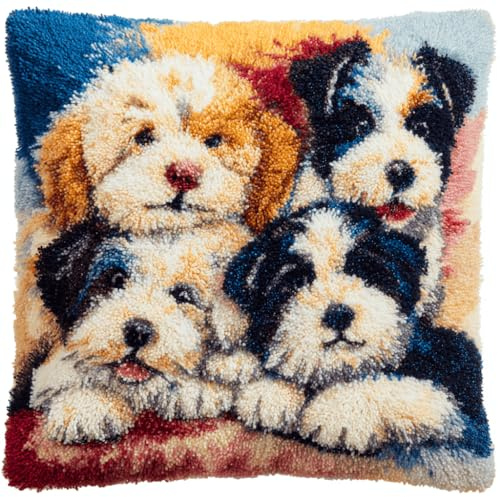 ORLUMY Knüpfkissen Knüpfen Set Zum Selber Knüpfen,Knüpfhaken-Set,Hunde Deko Kissenbezug,Kreativ Knüpfset Latch Hook Kit Für Kinder Und Erwachsene Geschenke Sofadekoration 43X43Cm