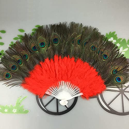 Ventaglio pieghevole, grande ventaglio portatile con piume, regalo for feste di nozze e ballerini (rosso)(Red)