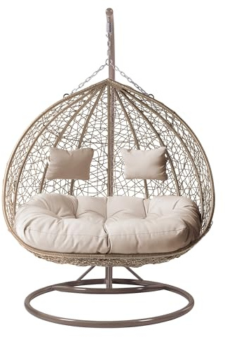 Mirjan24 Hängesessel Torn mit Polster und Kissen, 2-Sitzer Polyrattan Hängesessel mit Gestell, Outdoor Hängestuhl für Zwei Personen, Hängekorb, Zweisitzer (Beige/Beige)