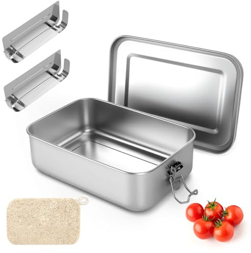 TEGOVE Fiambrera de acero inoxidable 1400ml,Fiambrera sostenible,Fiambrera hermética,con 2 divisiones extraíbles y un cepillo de esponja vegetal,para el almuerzo apta para niños y adultos