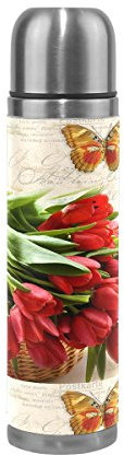Eslifey - Botella de agua aislada de acero inoxidable con diseño de tulipanes rojos con mariposas a prueba de fugas