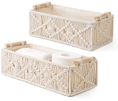 Mkono Macrame Storage Baskets Boho Decor Box Handmade Woven Decorative Countertop Toilet Tank Shelf Cabinet Organizer for Bedroom Livingroom Home, Set of 2, Ivory