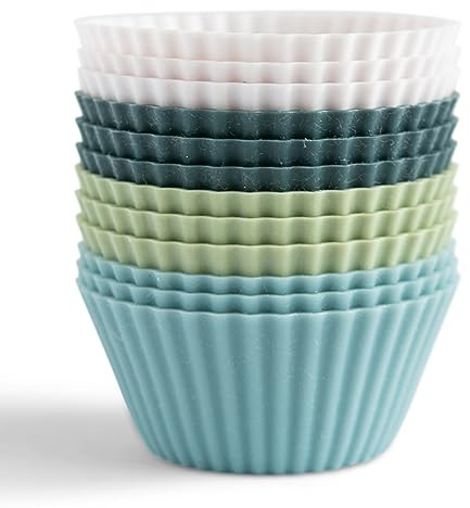 The Silicone Kitchen Reusable Silicone Baking Cup Silicone Muffin Liners for Cupcakes, BPA Free, Regular, 12 Pack, White Blue Green