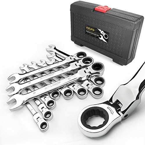 AZUNO 12-Piece Flex-Head Ratchet Spanner Set, Metric Combination Spanner Kit, Chrome Vanadium Steel Ratchet Spanner Set with Deluxe Case (12-Piece)