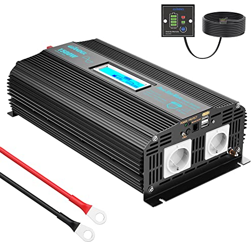GIANDEL 1500W Wechselrichter 12V auf 230V Reiner Sinus Spannungswandler mit Magnetisches Ringdesign mit LCD Bildschirm, Fernbedienung, Batteriekabel aus Reinem Kupfer für Zuhause, Wohnmobil, LKW