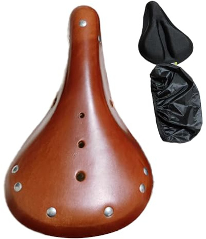 TentHome Selle de Velo Ultra Confortable en Cuir Traditionnelle pour Homme et Femme Marron, Selle VTT Confort Homme Respirant, Selles pour Vélo Rétro, Selle Velo Route