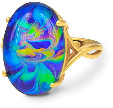FUN JEWELS Swirl Color Change Oval Mood Ring in 24K Gold Plated, Handmade Delicate Jewelry, Size Adjustable, Gift for Women Multicolor