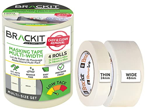 brackit Multi Size White Masking Tape; Pack of 4 x 48m; 2 x 24mm and 2 x 48mm – Easy Removal For Painting & Decorating or Arts