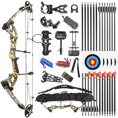 HNZMDY Bogenschießen Compoundbogen Set 30-55 lbs Einstellbarer Compoundbogen und Pfeilset mit Bogenzubehör Jagdbogen für Erwachsene IBO 310 FPS Rechte Hand (Camo)