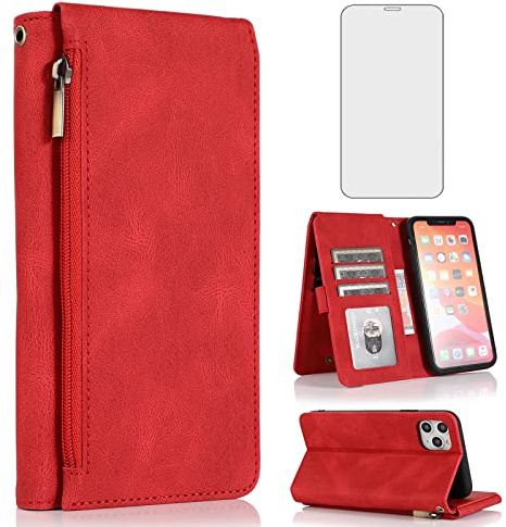 Asuwish Compatible with iPhone 11 6.1 Wallet Case Tempered Glass Screen Protector Zipper Leather Flip Cover Card Holder Stand Cell Phone for iphone11case iPhone11 i Phone11 11s XI 11R Women Men Red