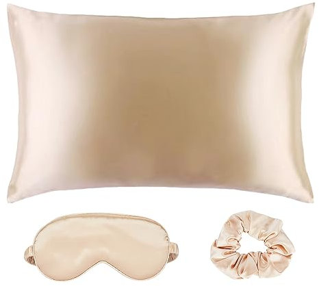 Weiche Satin Augen Schlafmaske und Kissenbezug Set Satin Kissenbezug und Augenmaske mit Scrunchie für Mädchen (Beige)