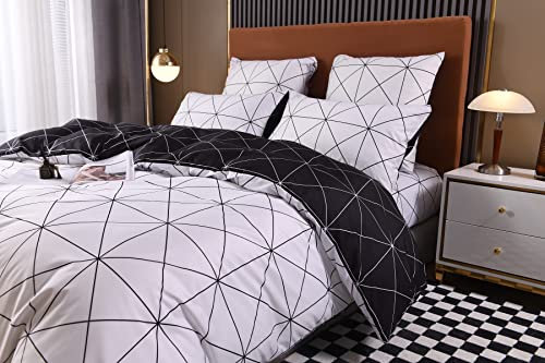 Housse de Couette à Carreaux 140x200 Noir et Blanc Géométrique Parure de Lit 2 Pièces Réversible Linge de Lit Modern 1 Personne Ensemble Literie avec Fermeture éclair et 1x 65x65cm Taie d'oreiller