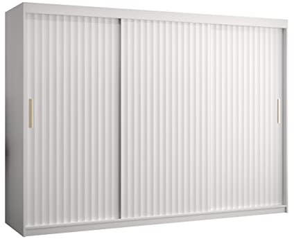 Mirjan24 Kleiderschrank Kirtan Wave I, Schwebetürenschrank mit 2 Kleiderstangen, Schiebetürenschrank mit für Schlafzimmer, Schlafzimmerschrank, Garderobenschrank (Modell 250, Weiß/Weiß)