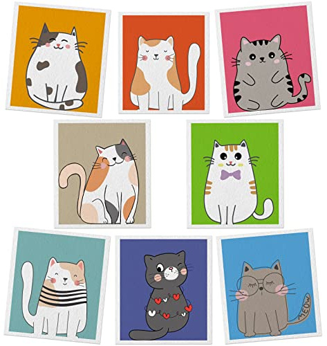 Lucomb Swedish Dish Cloths for Kitchen, 8 Pack Reusable Cleaning Cloth Absorbent Kitchen Towels No Odor Fast Drying for Home Wipes Dish Washing (Cute Cat)