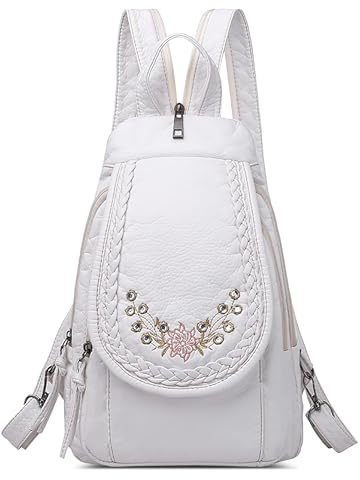 DIRRONA Damen Rucksack Klein PU Leder – Wandelbarer Rucksack als Schultertasche, Umhängetasche & Brusttasche mit Fächern, Leichter Tagesrucksack für Reisen & Alltag Weiß Blume