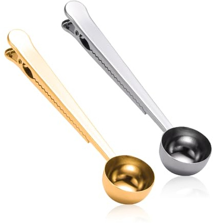 Rumyve 2 in 1 Stainless Steel Coffee Measuring Spoon with Bag Seal Clamp, Gold