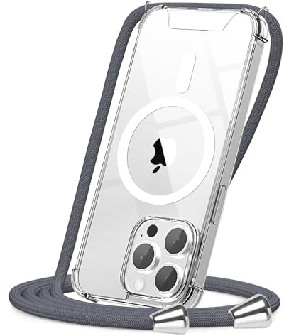 CAROKI Magnetic Crossbody Case for iPhone 13 Pro (6.1) - Clear Hard Back Phone Cover with Adjustable Lanyard Strap, MagSafe Compatible, Shockproof Hybrid Bumper, Hands-Free Neck Cord - Grey