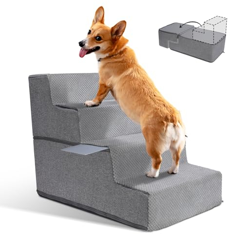 Zvonema Hundetreppe, Hundetreppe für Kleine Hunde, Hunderampe 4 Stufen aus Memory-Schaum, abnehmbare Haustiertreppe, rutschfeste Katzentreppe, geeignet für ältere verletzte Hunde (58x38x48CM)