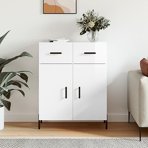 Tino Tech Credenza in legno 69,5 x 34 x 90 cm, bianco lucido, armadio da soggiorno, in legno, multiuso, per sala da pranzo, armadio, cucina, design moderno