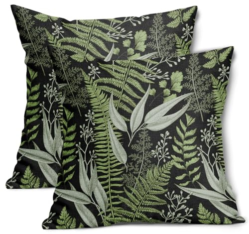 Kawani Green Leaf Plant Pillow Covers 20X20 Inch Herbs Botanical Fern Vintage Leaves Floral Decorative Pillow Cases Set of 2 Black Throw Pillows Farmhouse Home Decor for Sofa Couch Cushion Outdoor