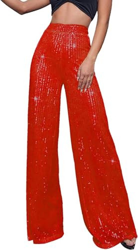Vagbalena Damen-Gold-Glitzer-Hosen-Hose mit hoher Taille weites Bein französische Pailletten Lange hohe Taille lose Jogging Hose