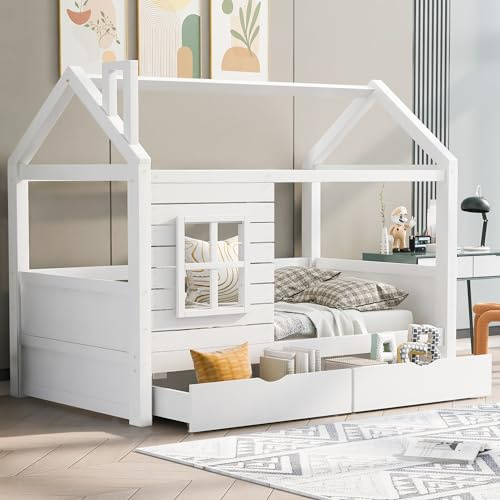 Kinderbett 90x200 cm Holzbett mit 2 Schubladen und Fenster, Massivholz Kinder Bett mit Rausfallschutz und Lattenrost, Hausbett für Jungen & Mädchen, Kinder Haus Bett Jugendbett, ohne Matratze, Weiß