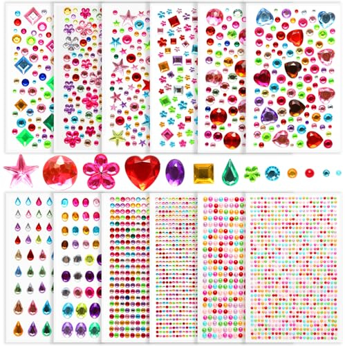 3800 Stück Glitzersteine Selbstklebend, Aufkleben Zum Basteln, Gesicht Für Bastel-DIY, Strasssteine Glitzer Sticker, Mehrfarbig, Verschiedene Formen, Größen