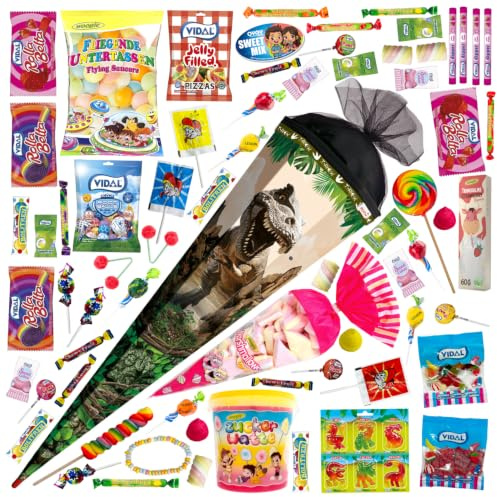 OYOY 85cm Schultüte gefüllt mit Süßigkeiten Mix I ROTH Dino Schultüte I Einschulung Junge I Zuckertüte fertig gefüllt extra groß