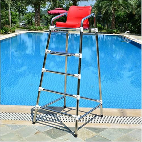 SAFWELAU Taburete alto Escalera para Piscina Elevad 6.2 pies de alto Silla de socorrista para piscinas cubierta de playa, Sillas salvavidas de acero inoxidable 304 con gancho y orificio para paraguas,