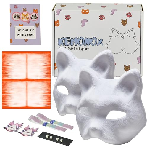 Therian - Set di 2 maschere pre-infeltrite per gatti con base in pile, pelliccia sintetica, rete per gli occhi, infeltrita per te, salta il lavoro disordinato - Kit Therian tutto in uno premium